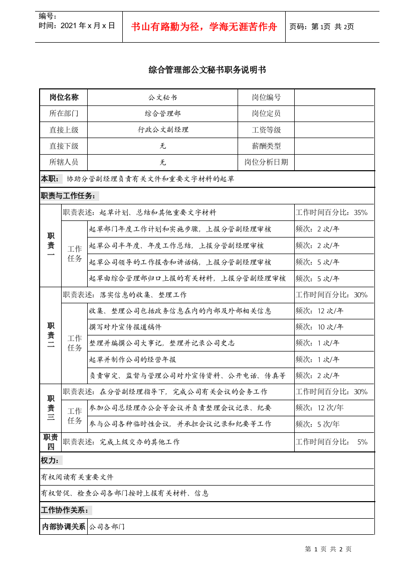 某投资公司综合管理部公文秘书职务说明书