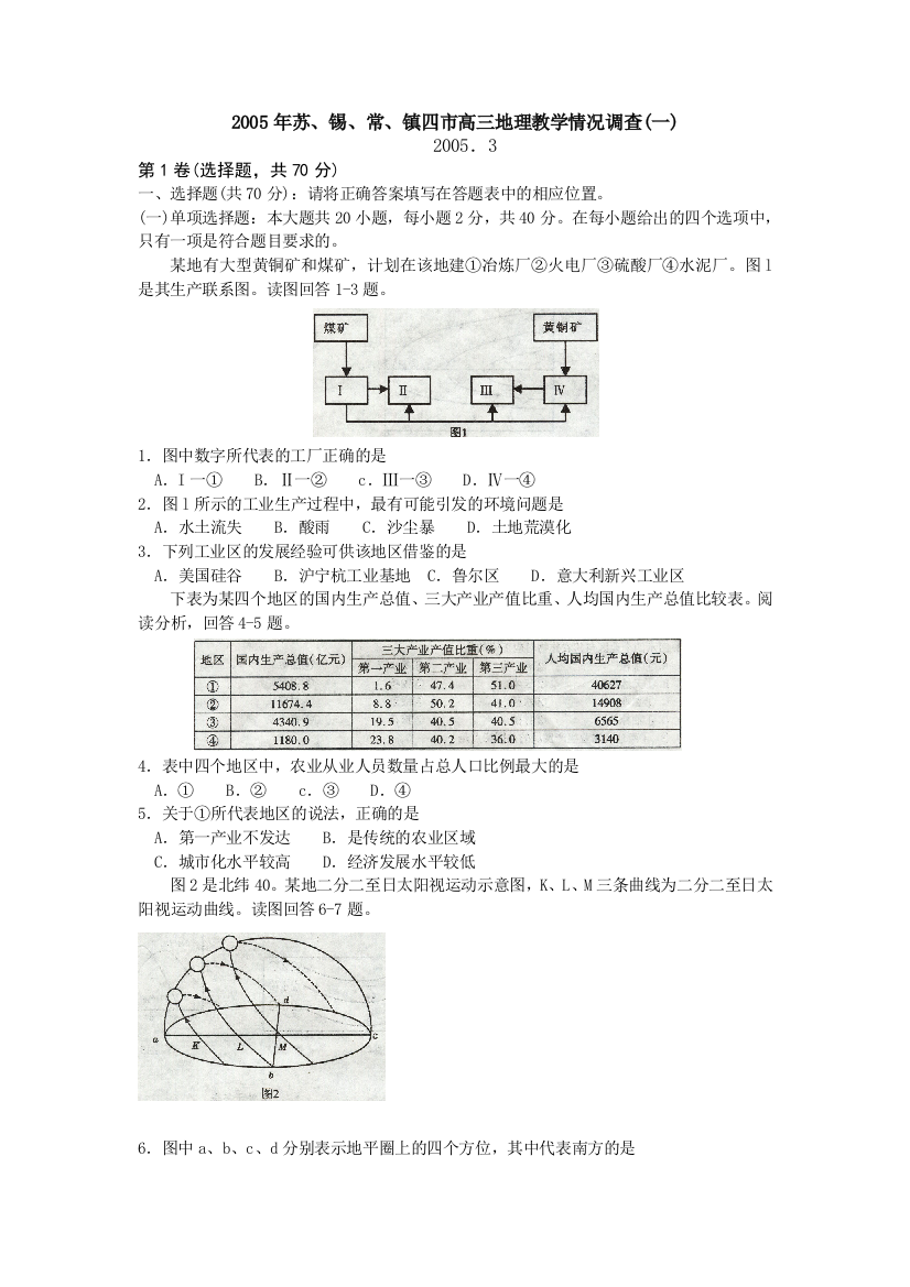 2005年苏、锡、常、镇四市高三地理教学情况调查（一）