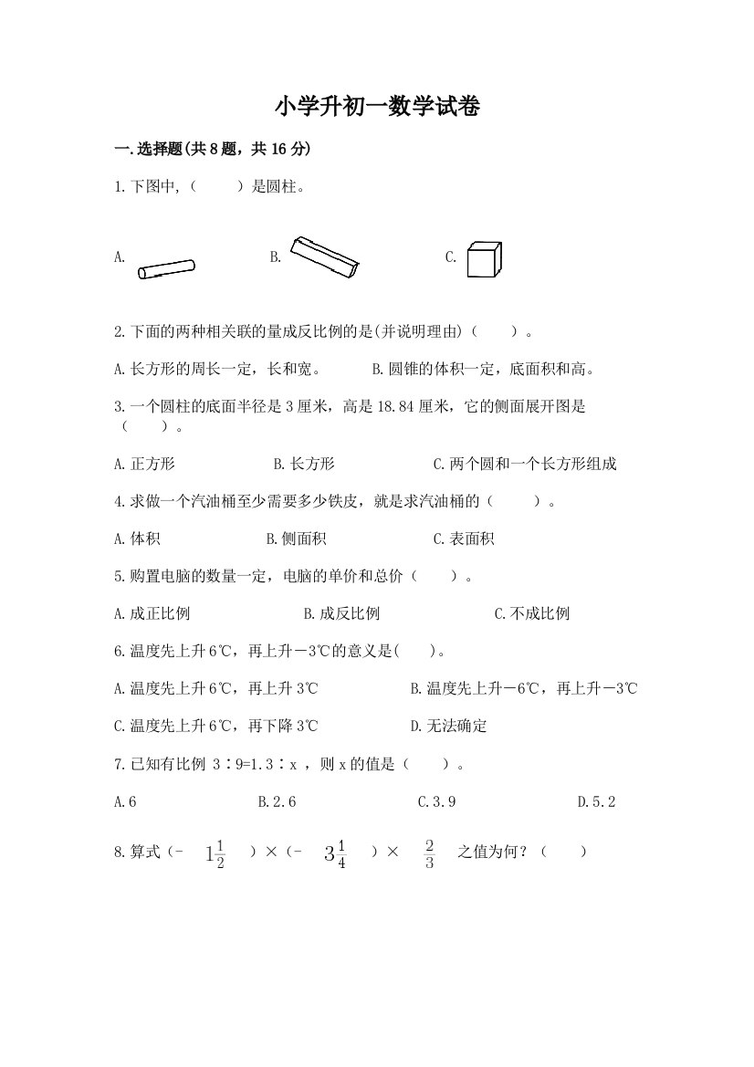 小学升初一数学试卷【名师系列】