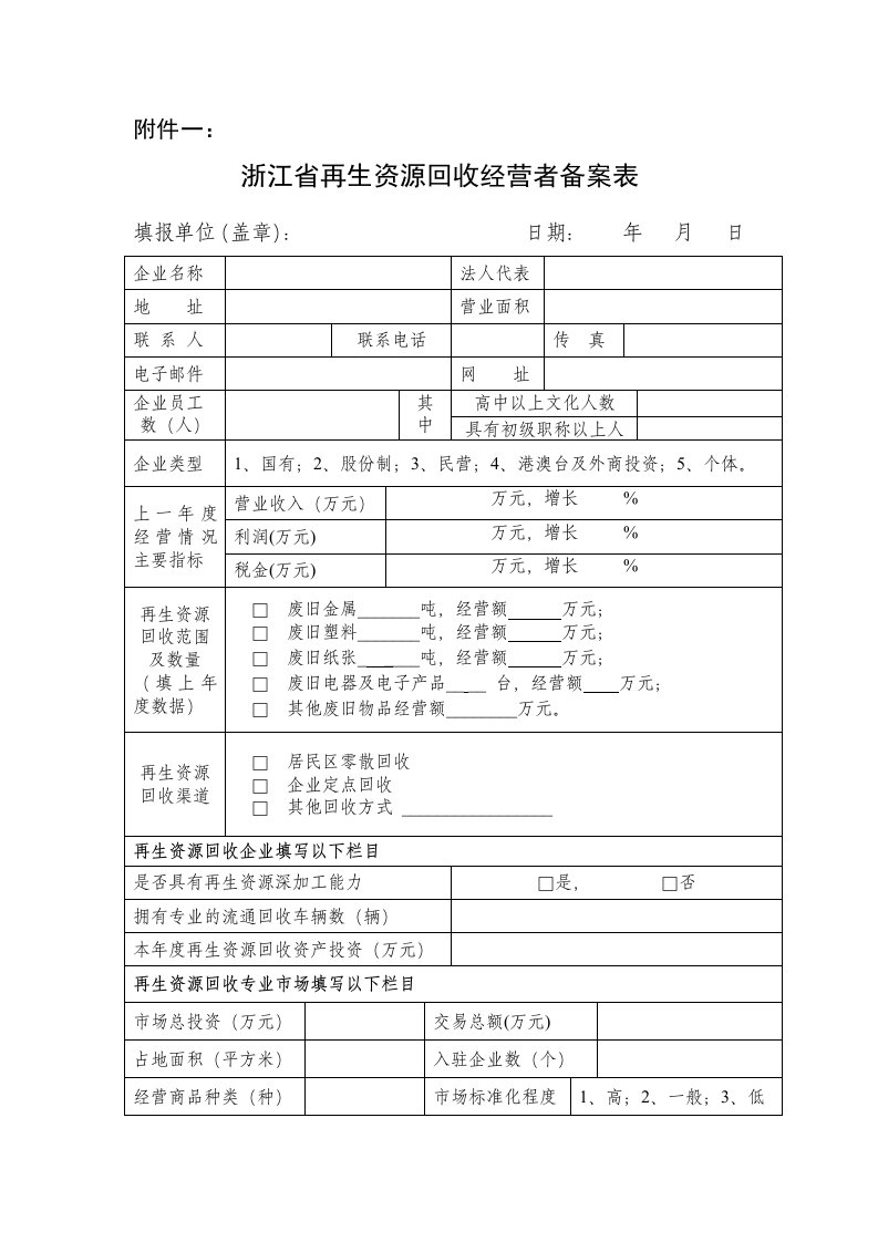 再生资源回收经营者备案表