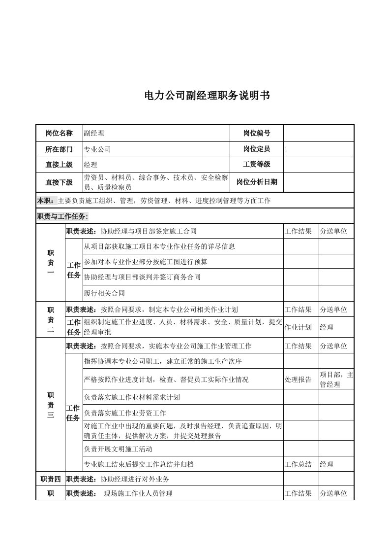 电力公司副经理的职务说明书