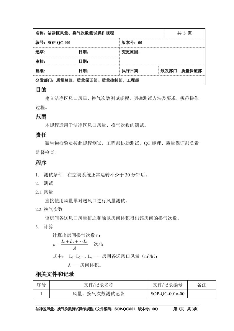 洁净区风量、换气次数测试操作规程