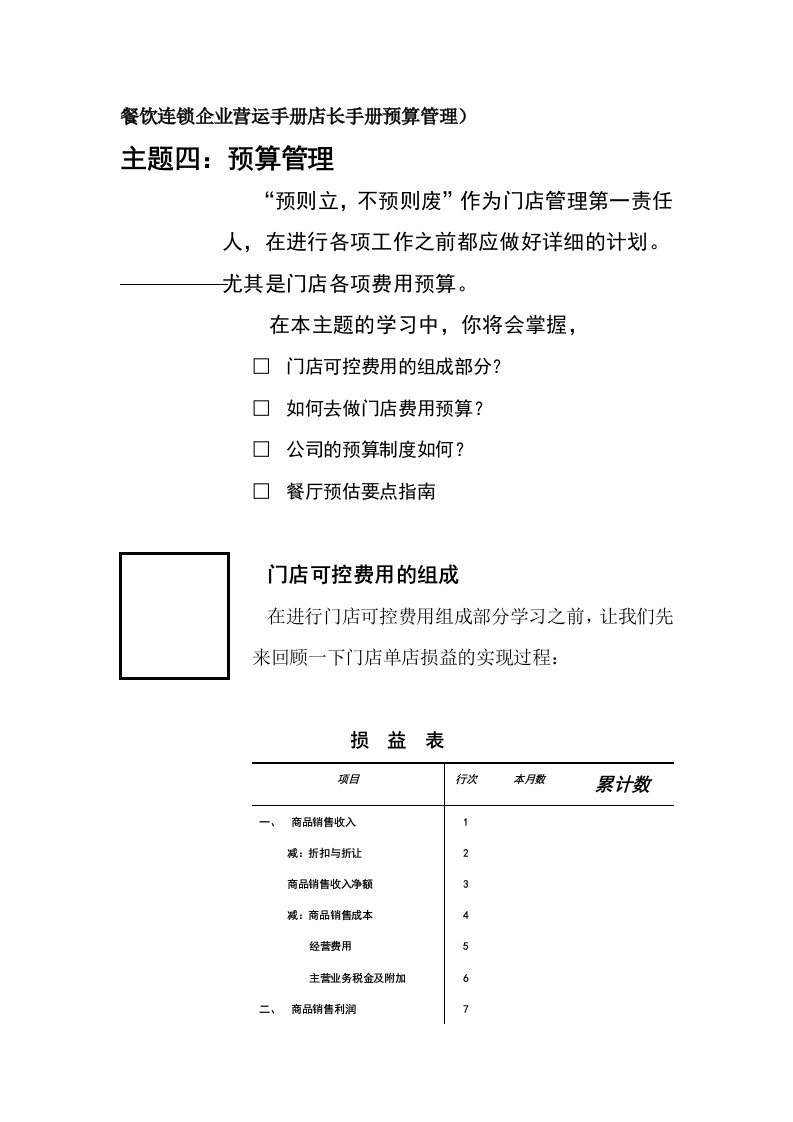 餐饮连锁企业营运手册店长手册预算管理