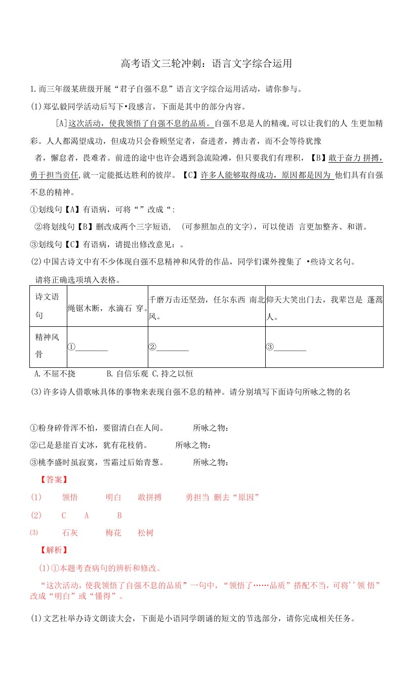 高考语文三轮冲刺：语言文字综合运用