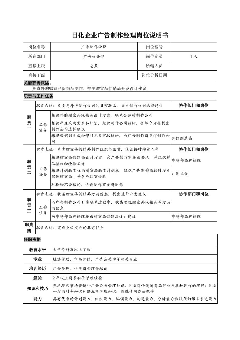 日化企业广告制作经理岗位说明书