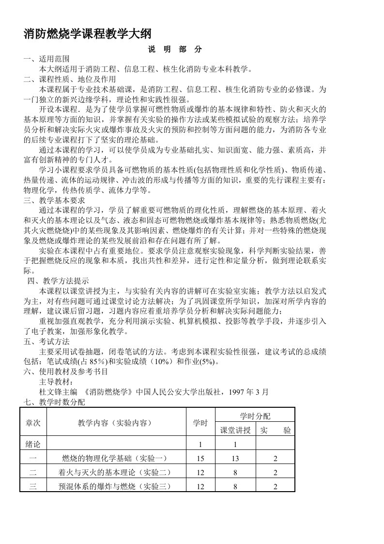 消防燃烧学课程教学大纲