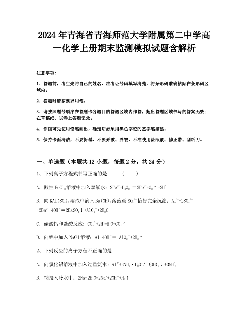 2024年青海省青海师范大学附属第二中学高一化学上册期末监测模拟试题含解析