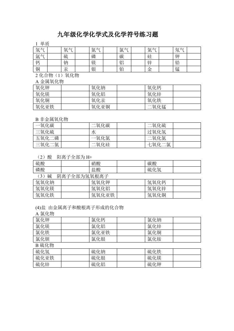 九年级化学化学式及化学符号练习题