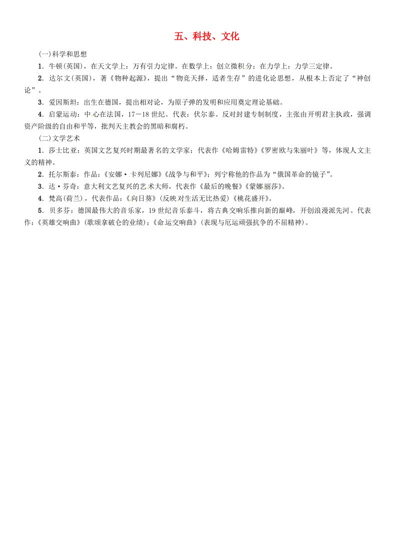 云南专版2020届中考历史复习背记手册模块5世界近代史五科技、文化素材