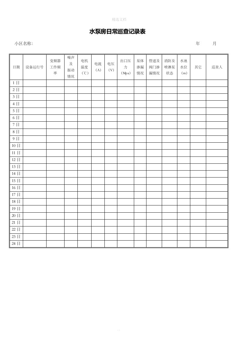 水泵房巡查记录表