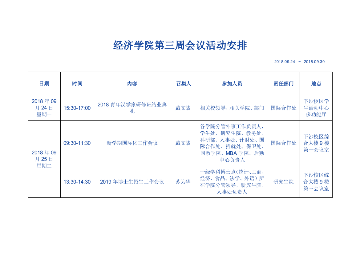 经济学院第三周会议活动安排