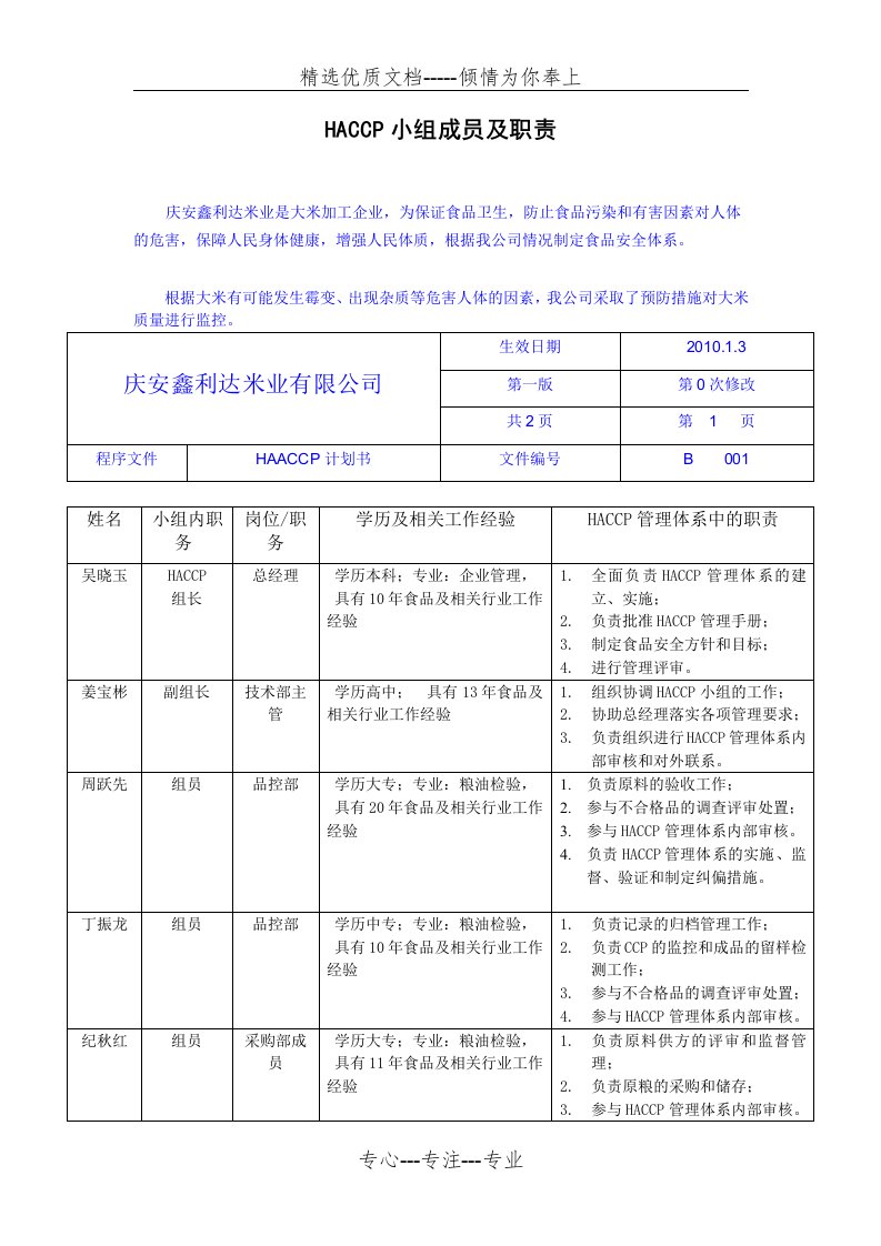 新HACCP小组成员及职责(共4页)