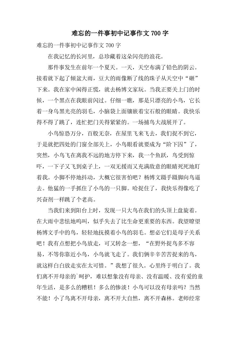 难忘的一件事初中记事作文700字