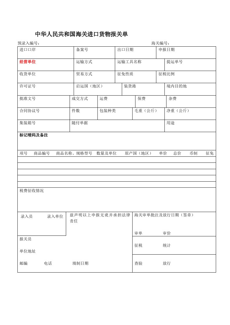 进出口货物报关单样本