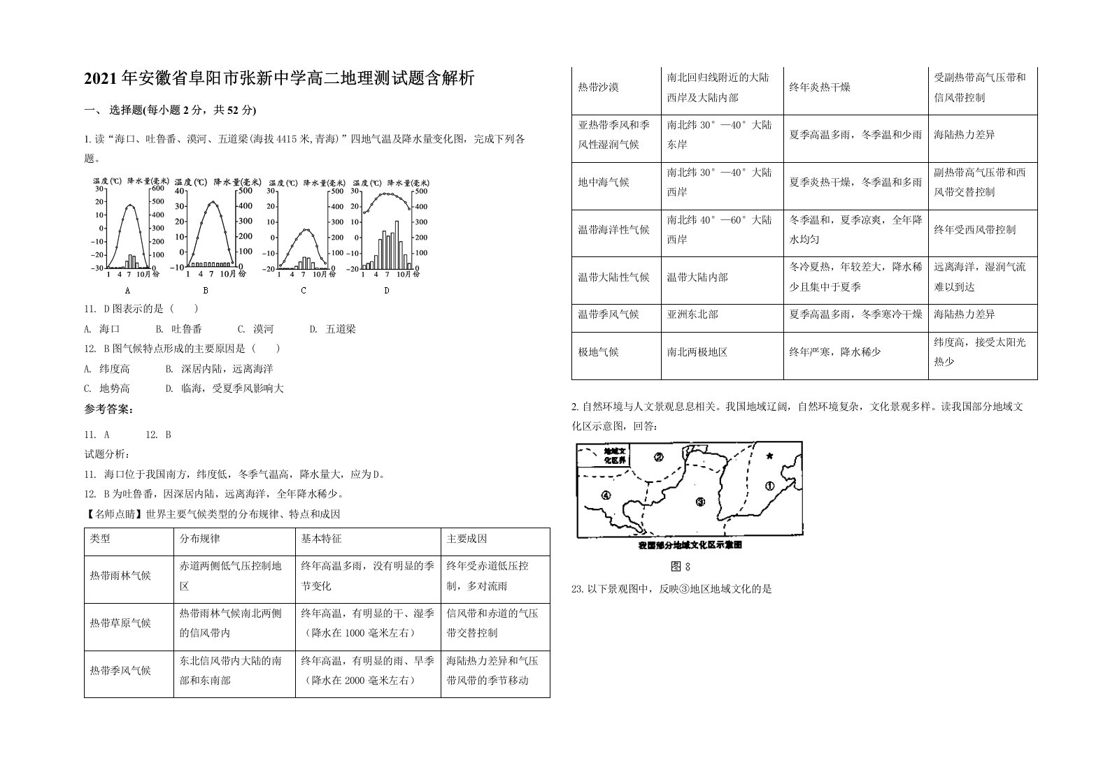 2021年安徽省阜阳市张新中学高二地理测试题含解析