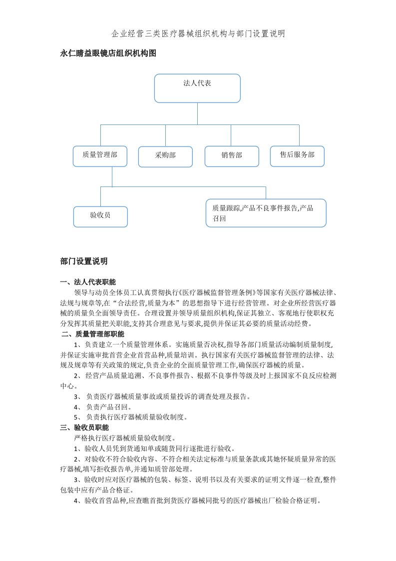 企业经营三类医疗器械组织机构与部门设置说明