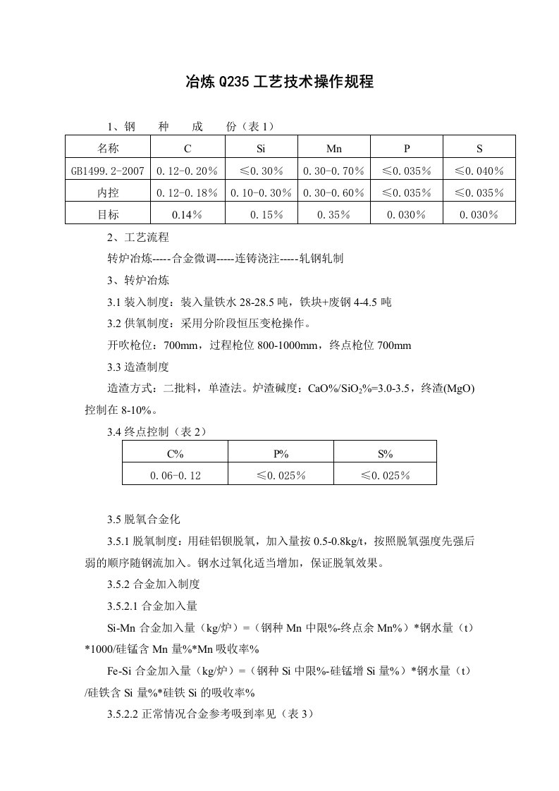 冶炼Q235工艺技术操作规程