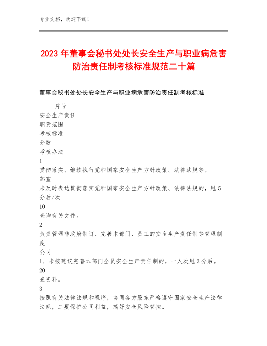 2023年董事会秘书处处长安全生产与职业病危害防治责任制考核标准规范二十篇