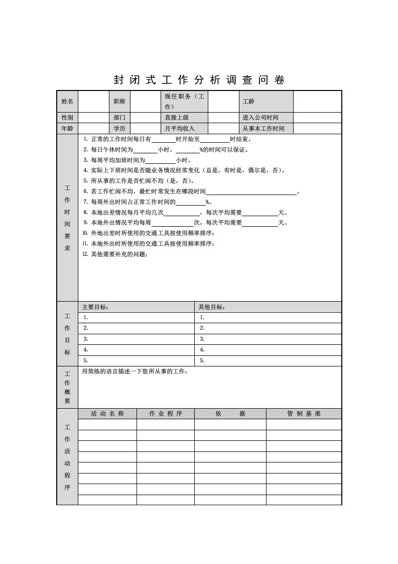 公司职员封闭式工作分析调查问卷