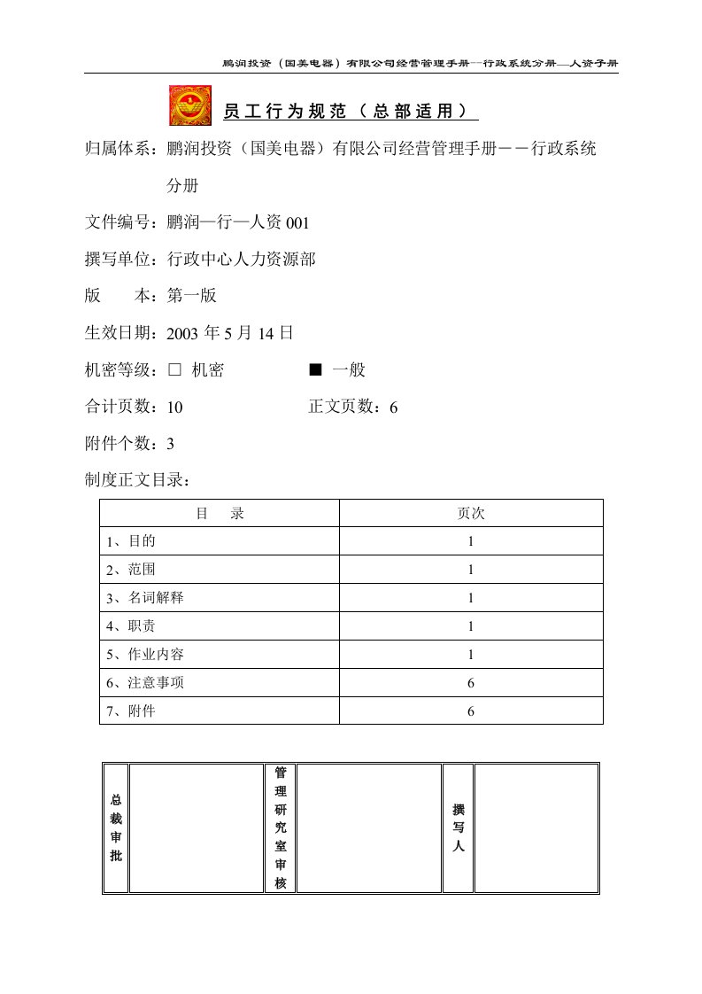 某知名电器有限公司员工行为规范-总部适用(doc)-人力资源综合