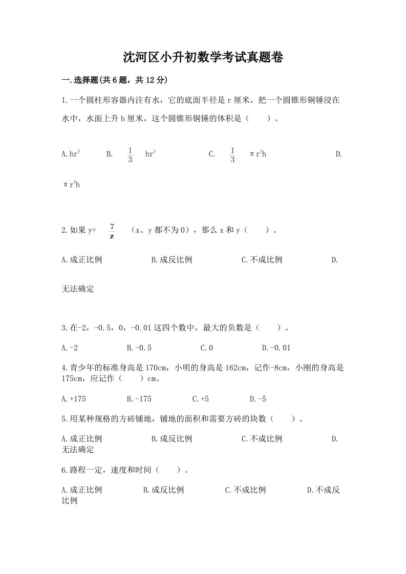 沈河区小升初数学考试真题卷最新