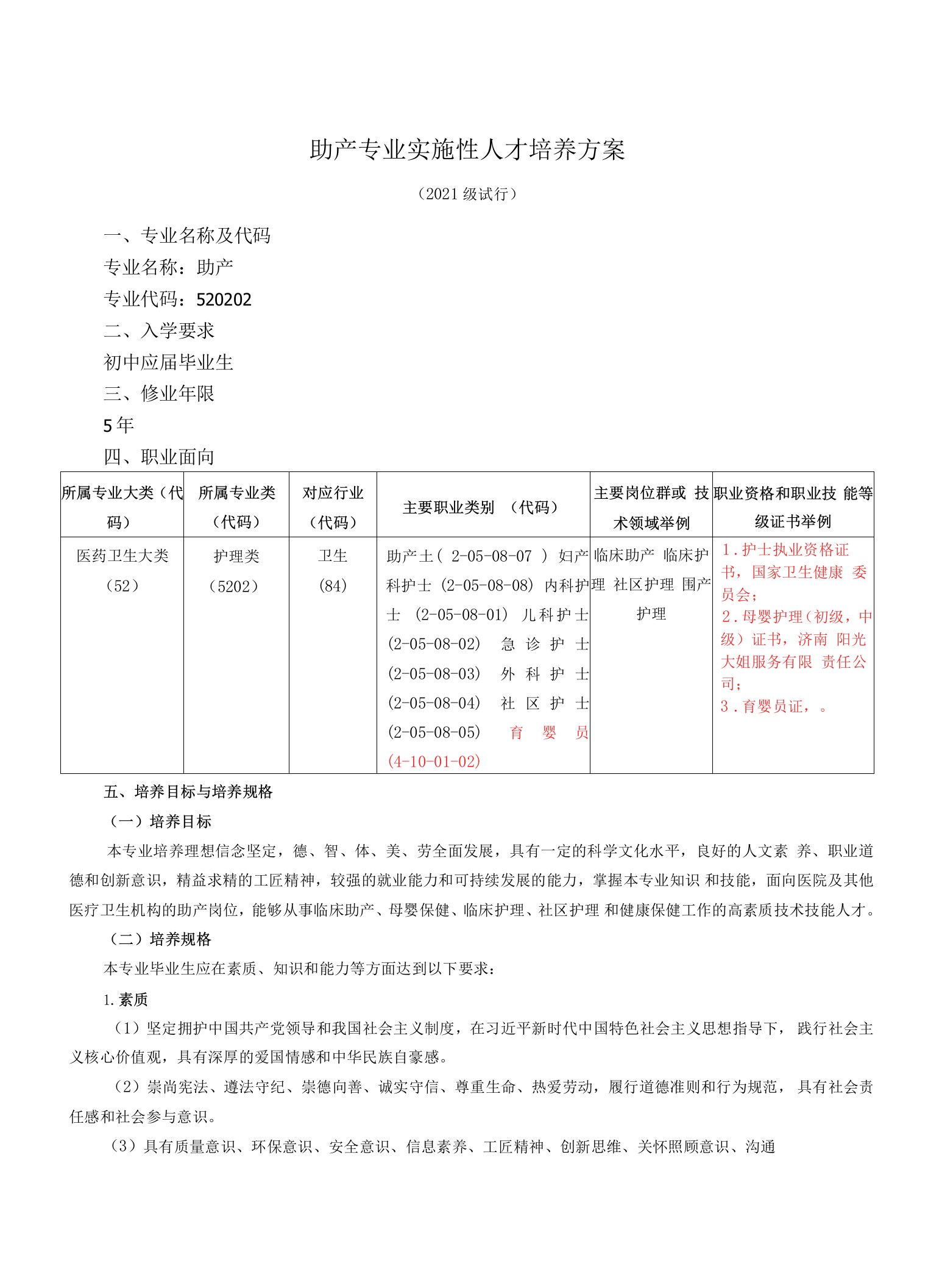 助产专业实施性人才培养方案（高职）