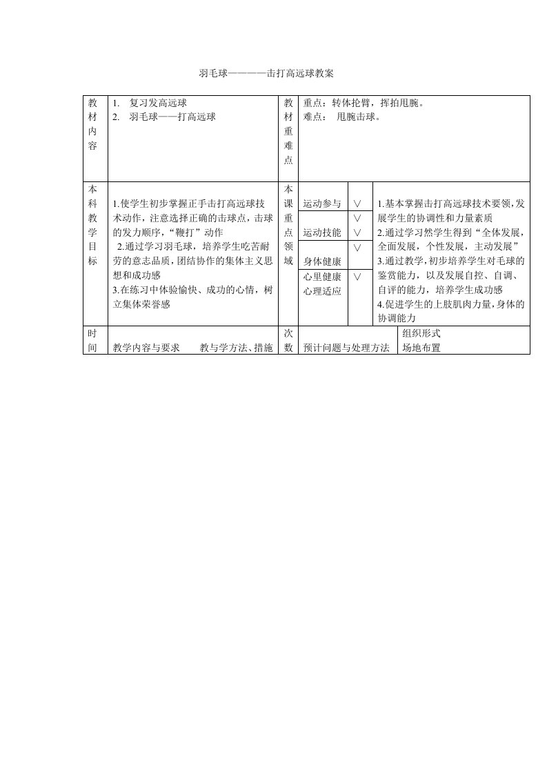 羽毛球击打高远球教案