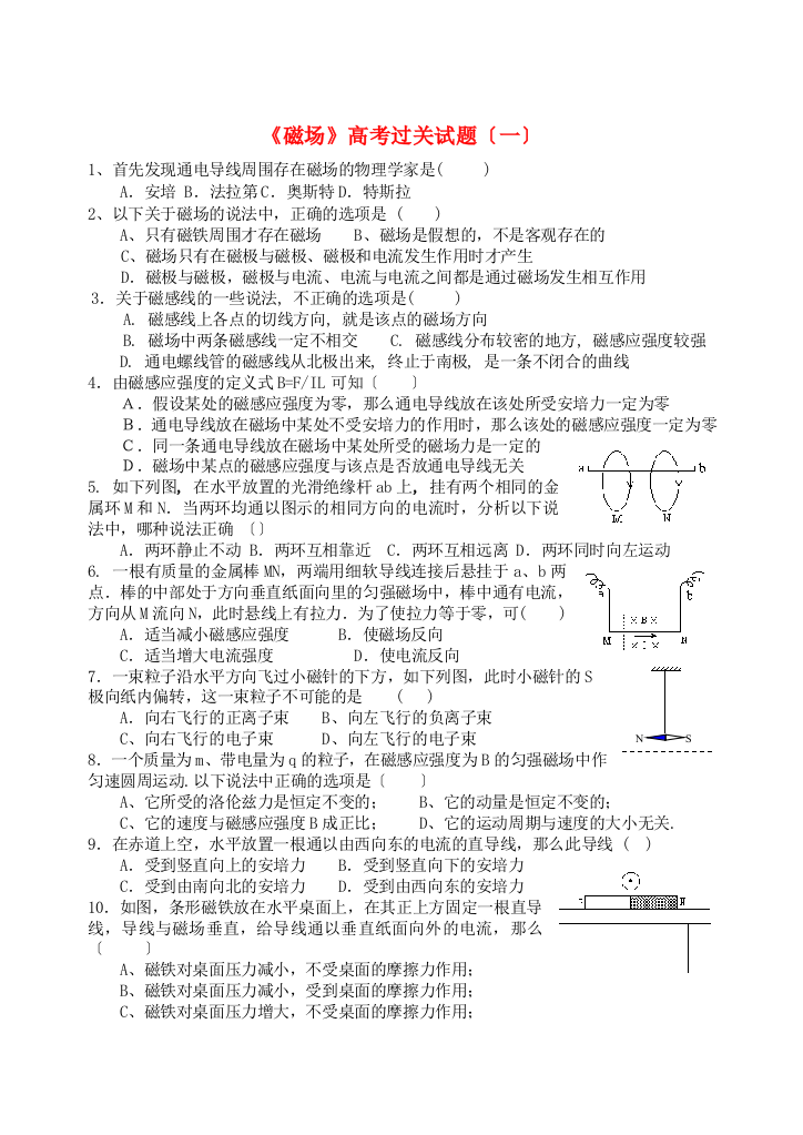 （高中物理）《磁场》高考过关试题（一）