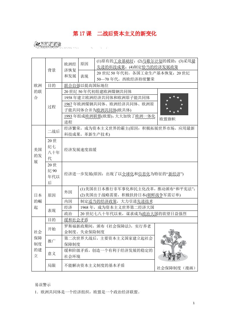 河北专版2022九年级历史下册第五单元二战后的世界变化第17课二战后资本主义的新变化背记手册新人教版