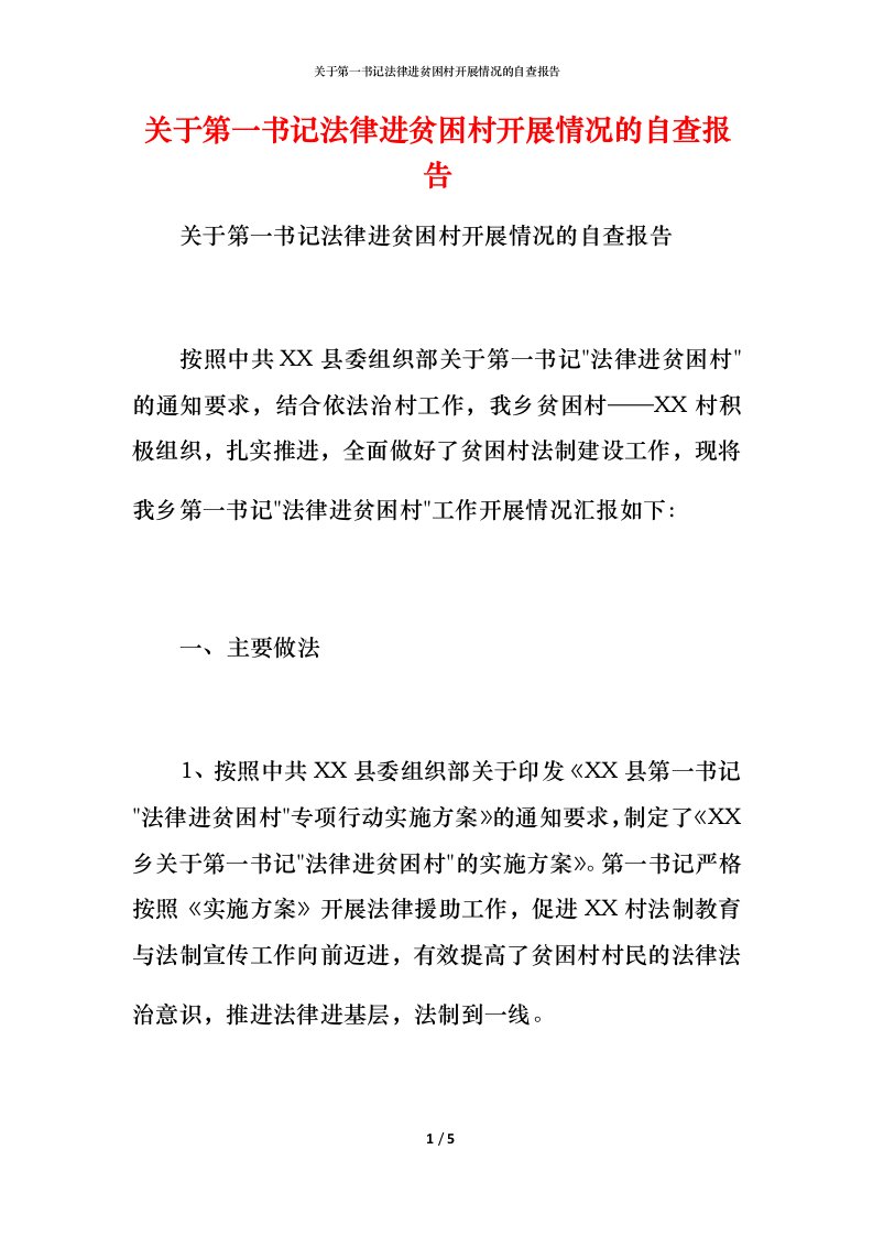 2021关于第一书记法律进贫困村开展情况的自查报告