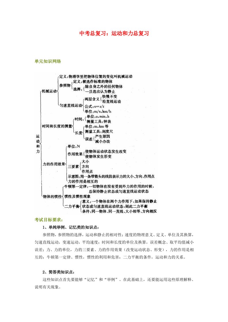 九年级物理中考总复习：运动和力总复习