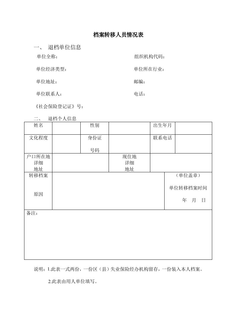 档案转移人员登记表