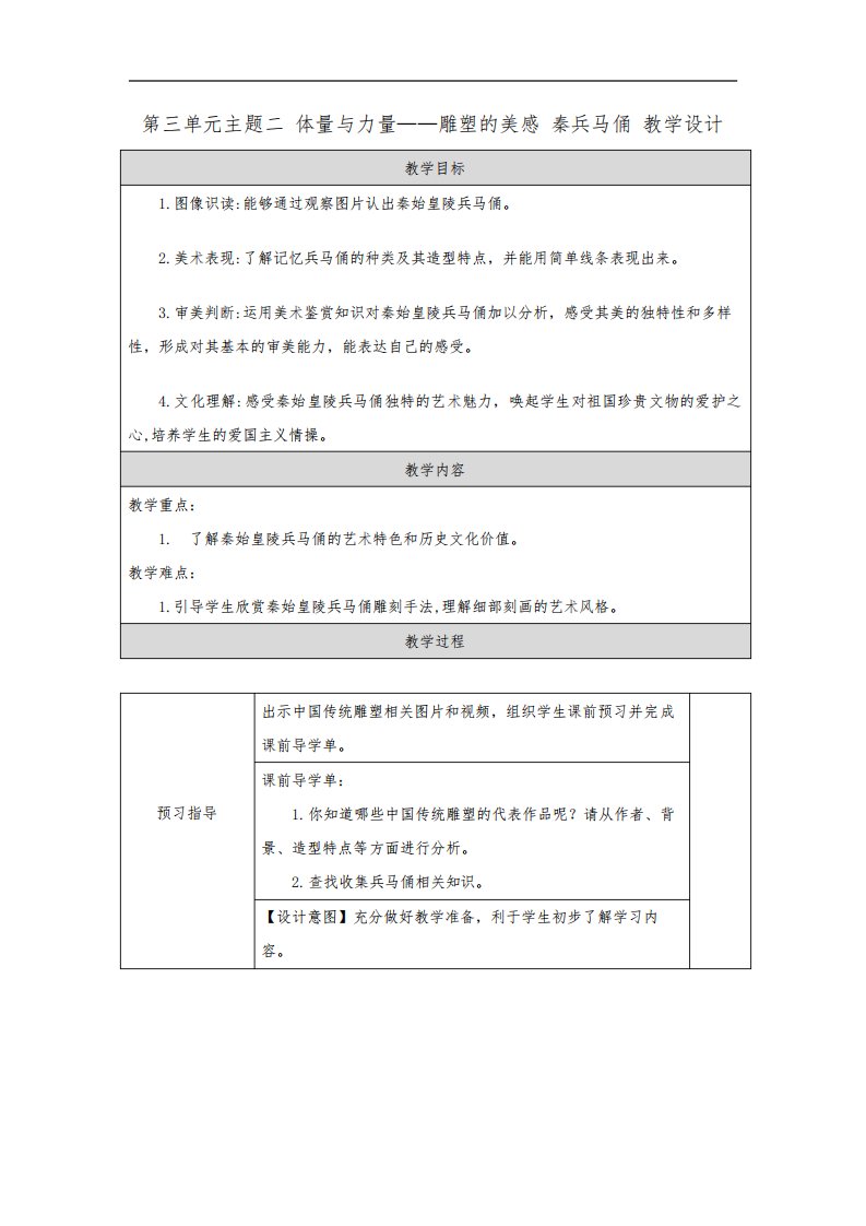 体量与力量——雕塑的美感秦兵马俑教学设计高中美术人美版美术鉴赏