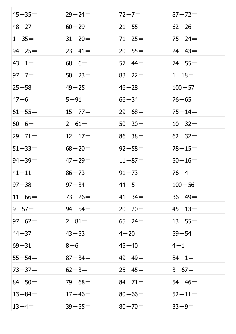 一年级100以内加减法练习题A4直接打印