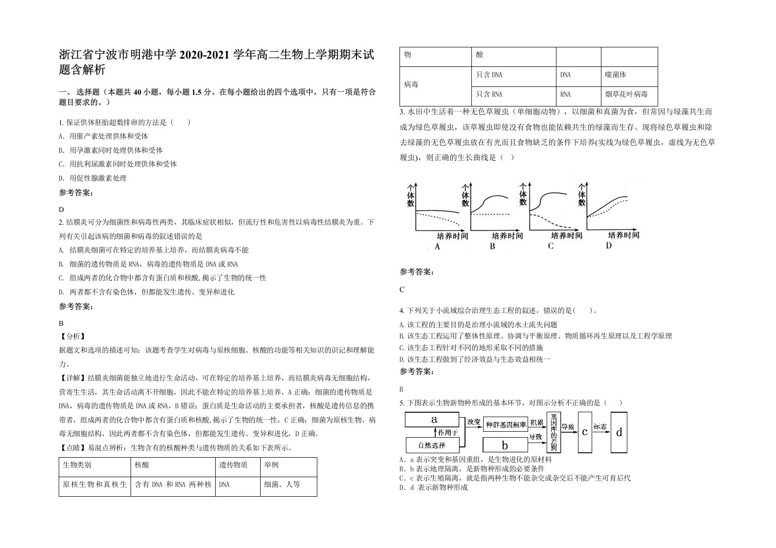 浙江省宁波市明港中学2020-2021学年高二生物上学期期末试题含解析