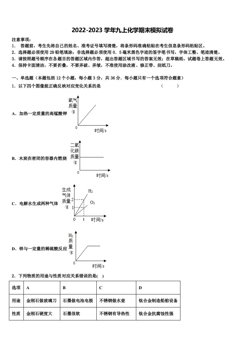 2022年四川省广安邻水县联考化学九年级第一学期期末学业质量监测模拟试题含解析