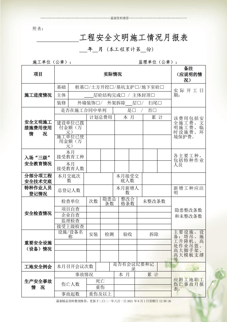 工程安全文明施工情况月报表(共2页doc)