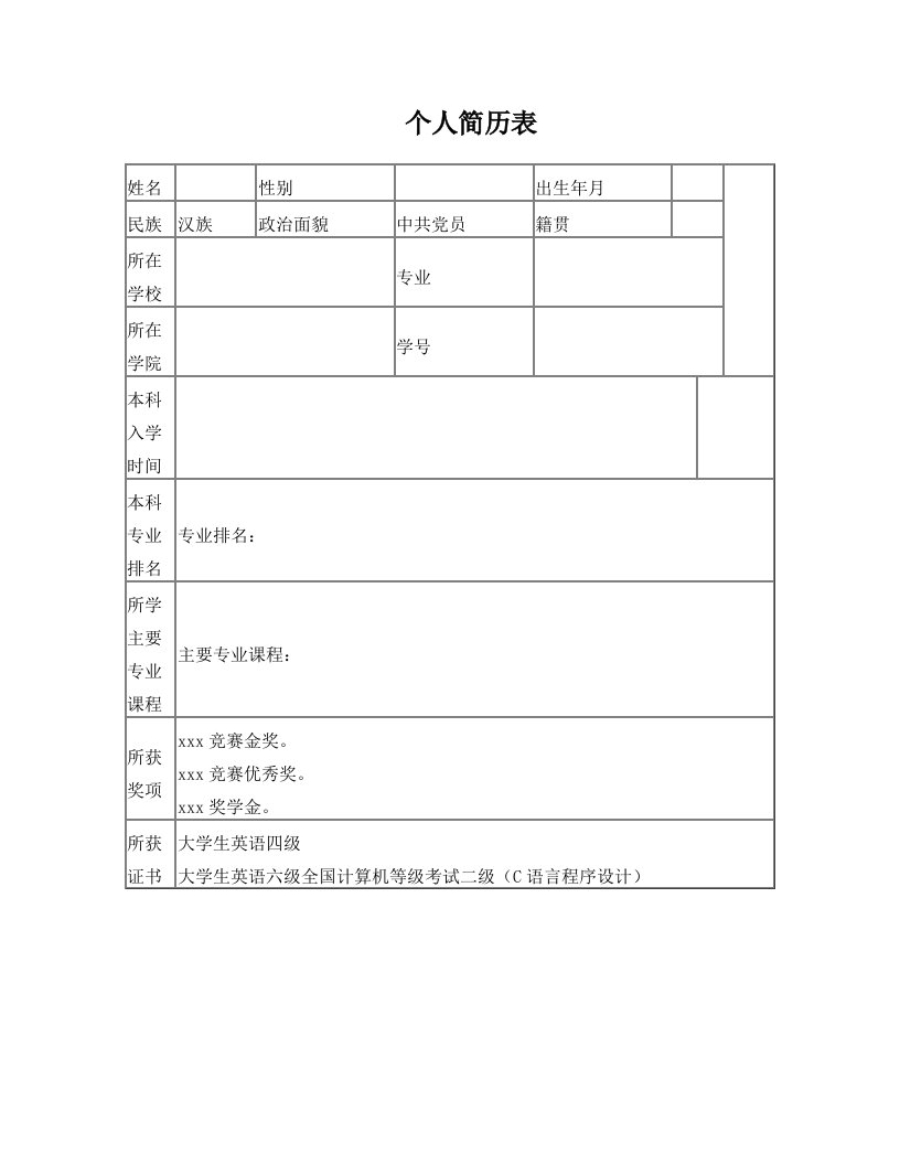 保研考研个人简历表