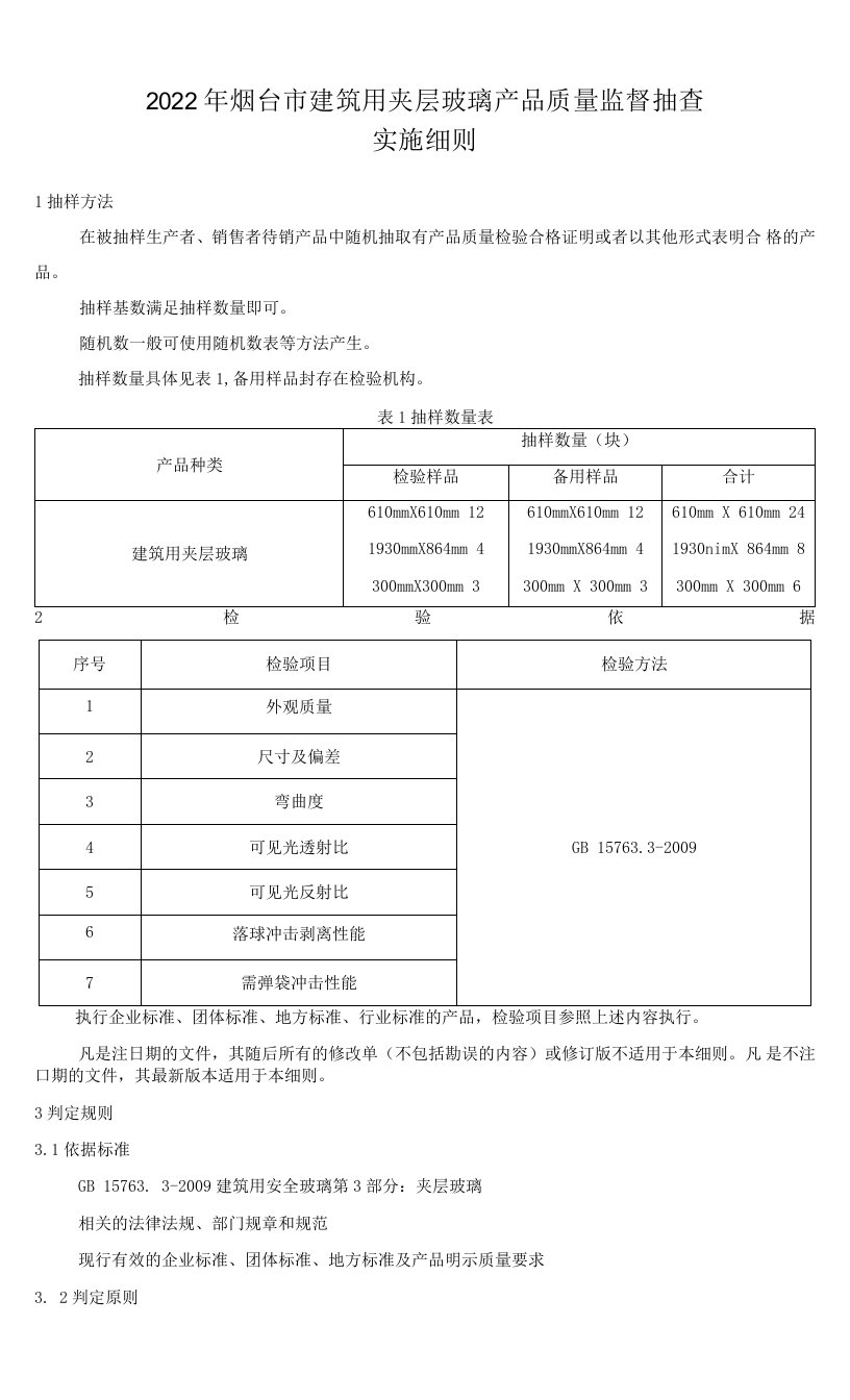 2022年烟台市建筑用夹层玻璃产品质量监督抽查实施细则