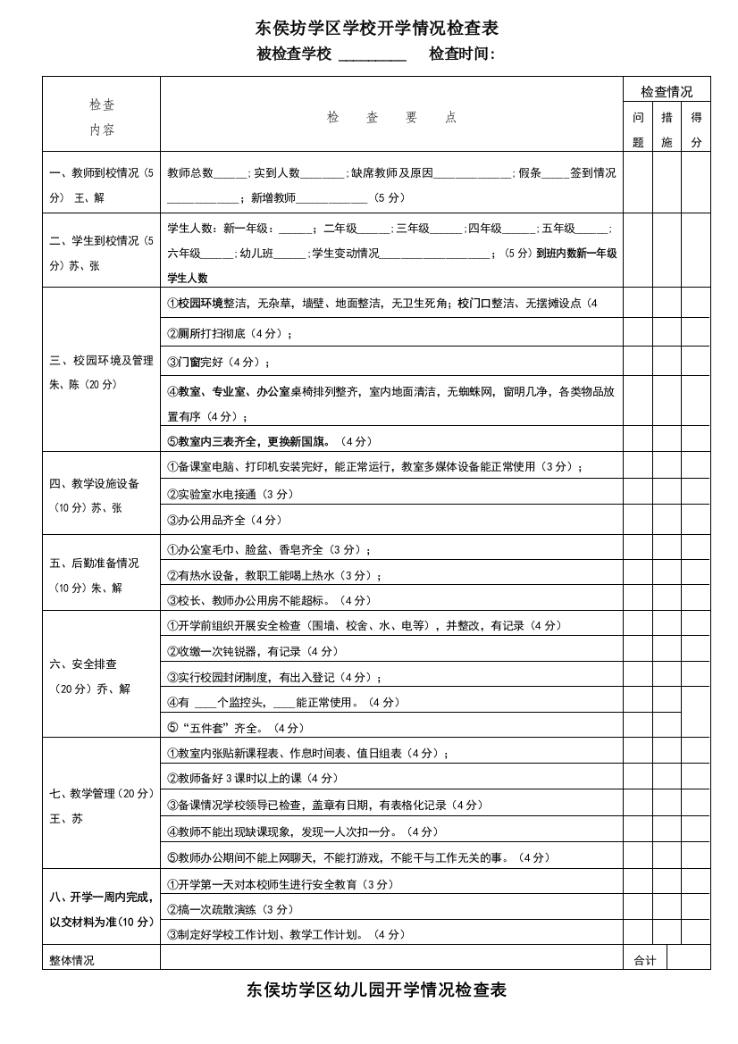 学校开学工作检查表