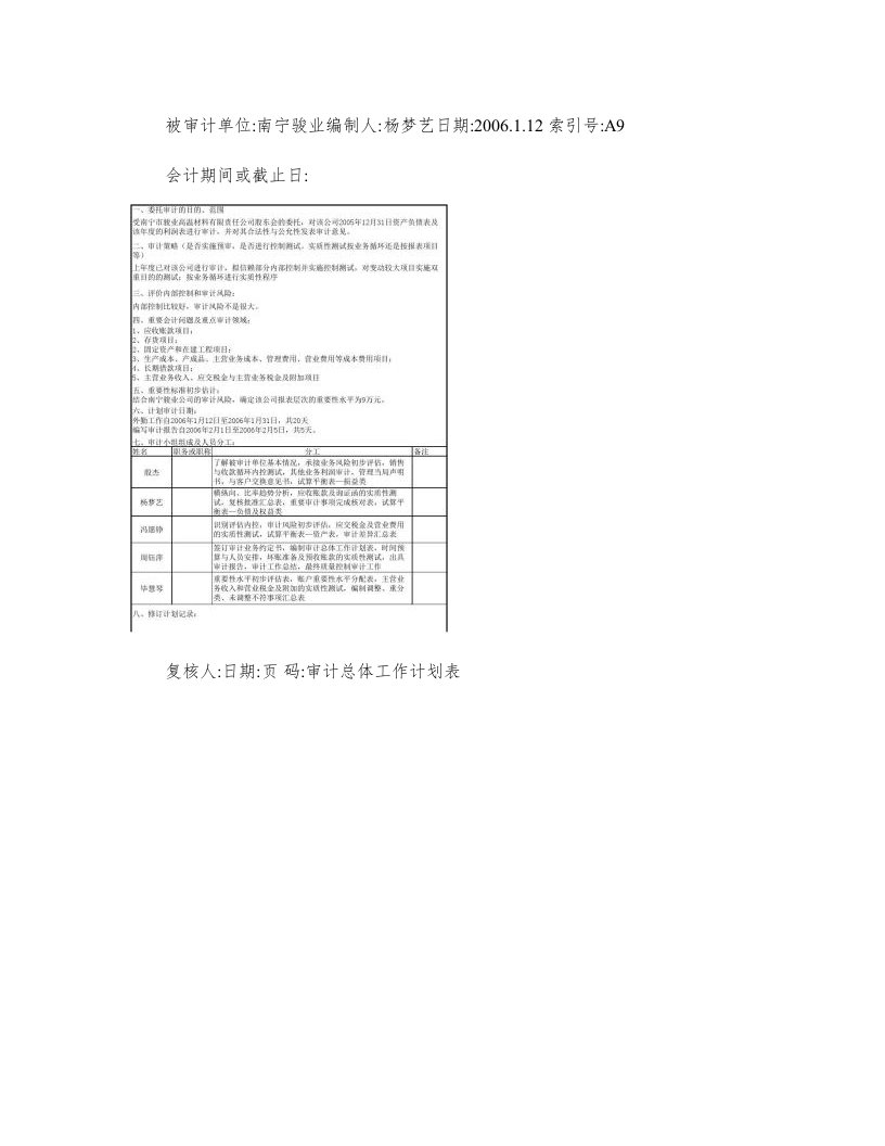 计划阶段审计工作底稿