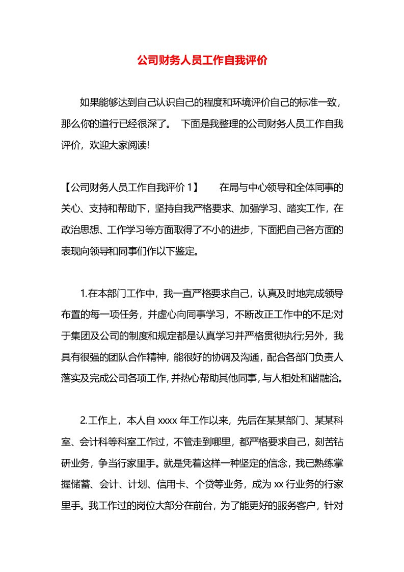 公司财务人员工作自我评价