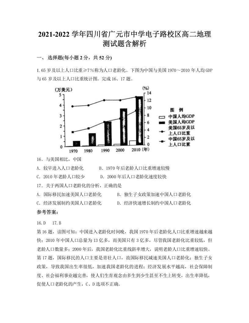 2021-2022学年四川省广元市中学电子路校区高二地理测试题含解析