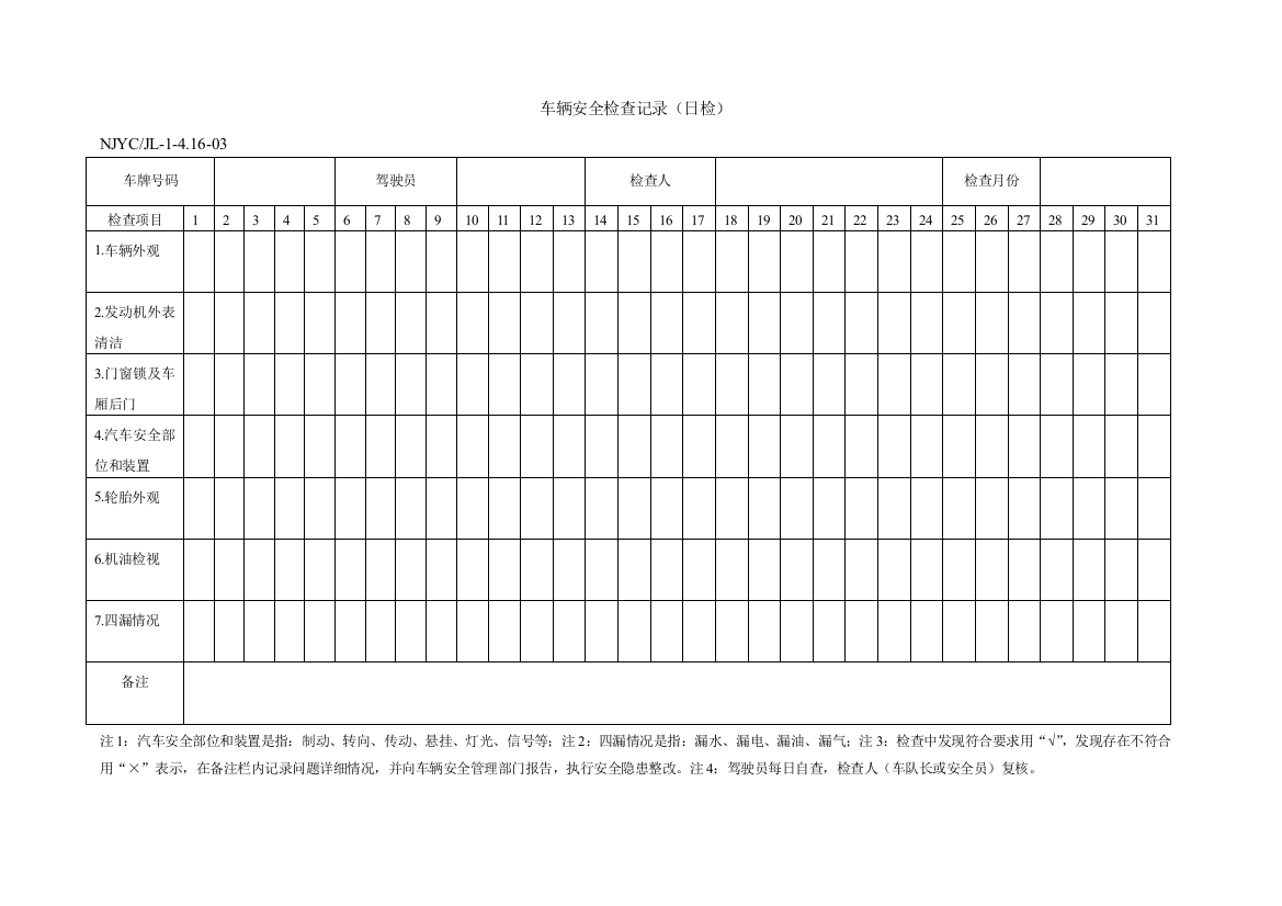 车辆安全检查记录(日检)JL-1-416-03