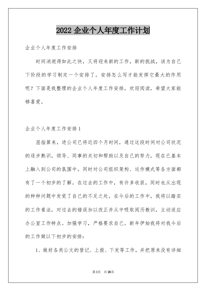 2022企业个人年度工作计划