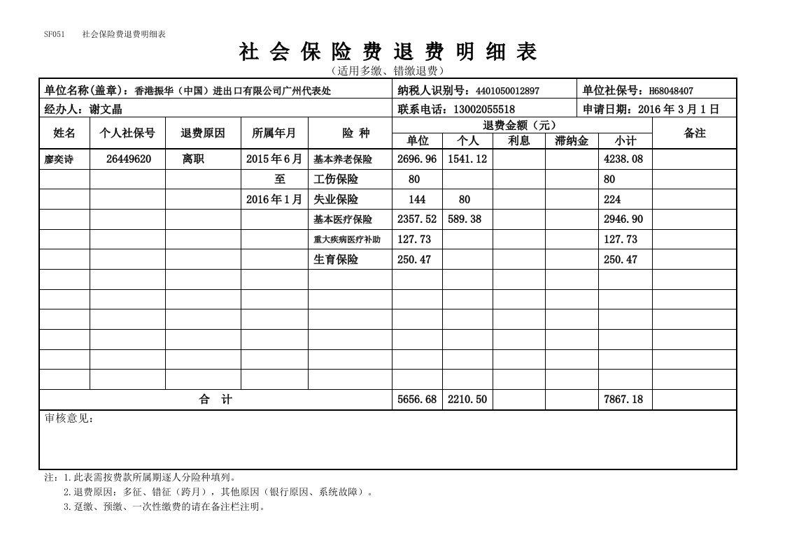 社会保险费退费明细表[共2页]