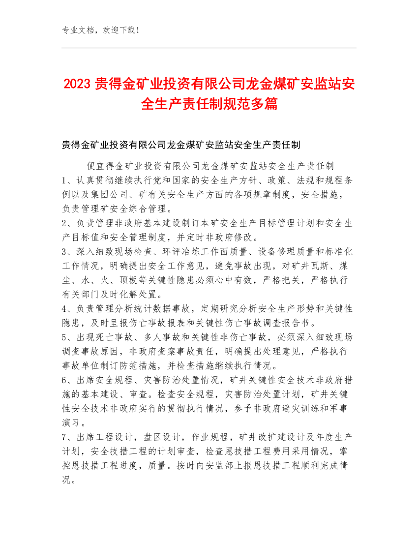 2023贵得金矿业投资有限公司龙金煤矿安监站安全生产责任制规范多篇