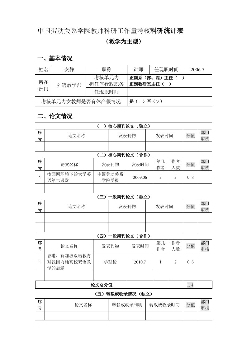 学院教师科研工作量考核科研统计表