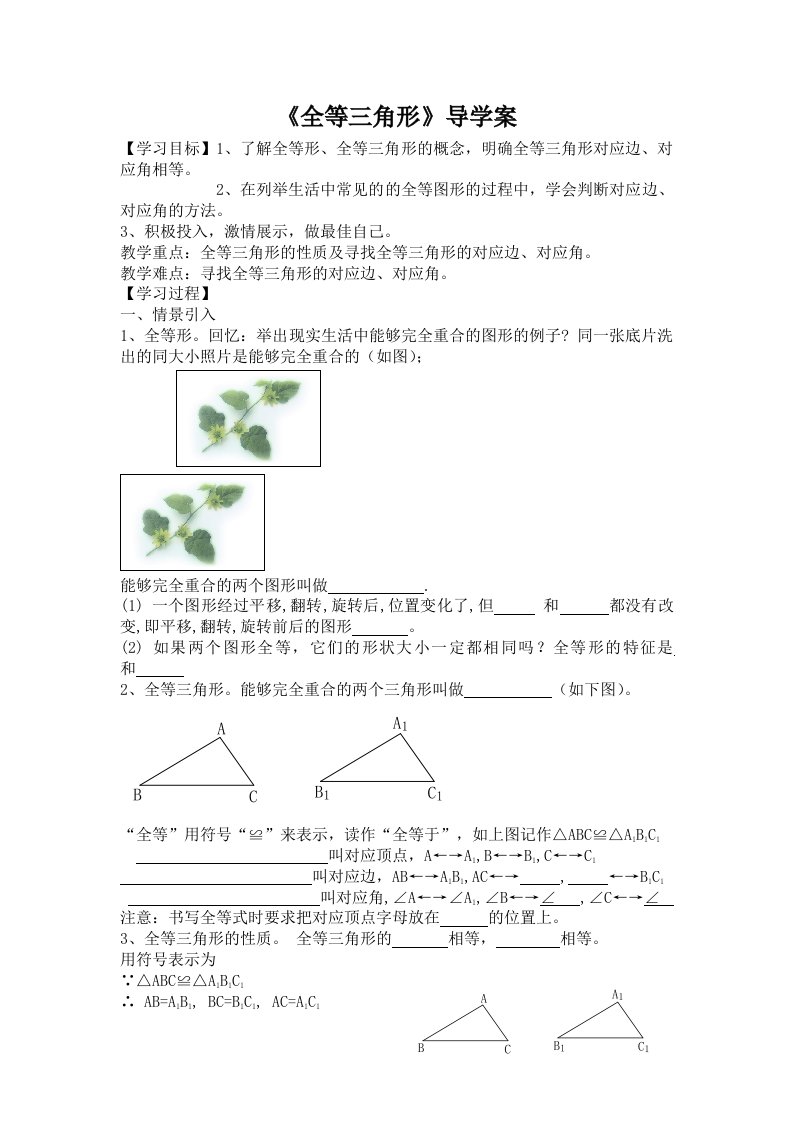 数学人教版八年级上册12.1全等三角形导学案.1《全等三角形》导学案