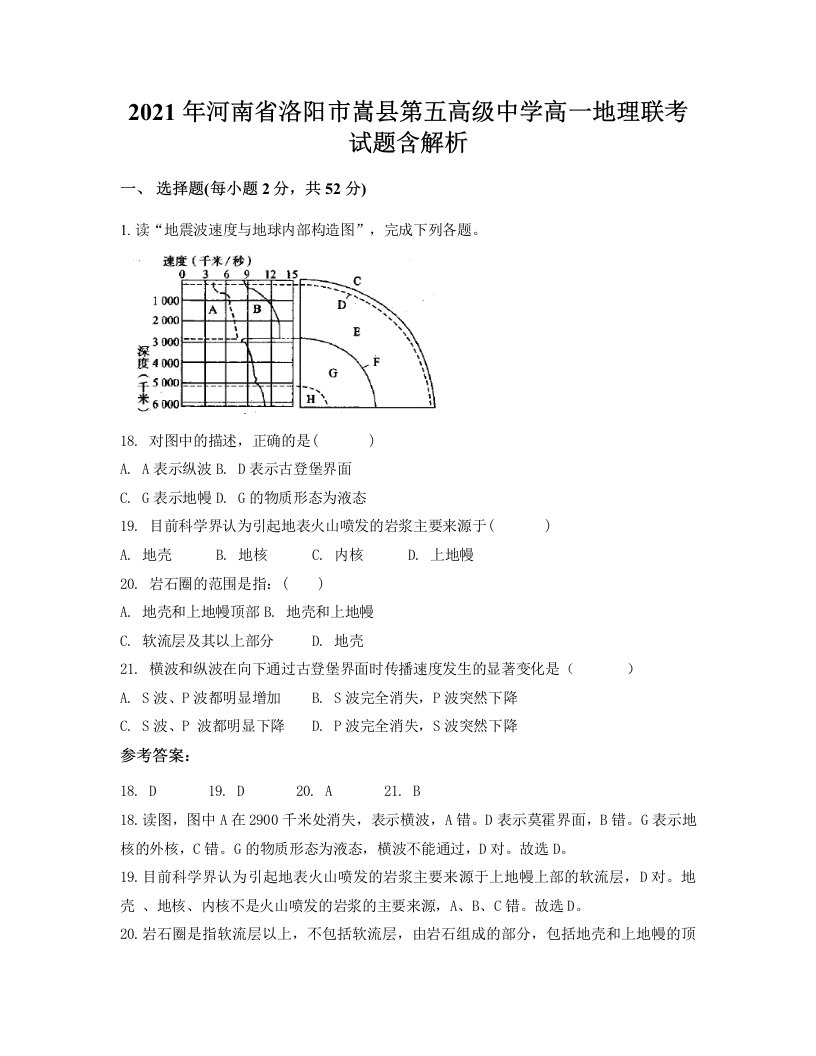 2021年河南省洛阳市嵩县第五高级中学高一地理联考试题含解析